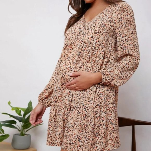 Maternity Mini Floral Print long sleeved v-neckline Flounce Hem Dress - Picture 5 of 8